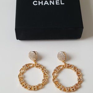 Authentic Chanel CC Gold & Crystal Hoop Earrings